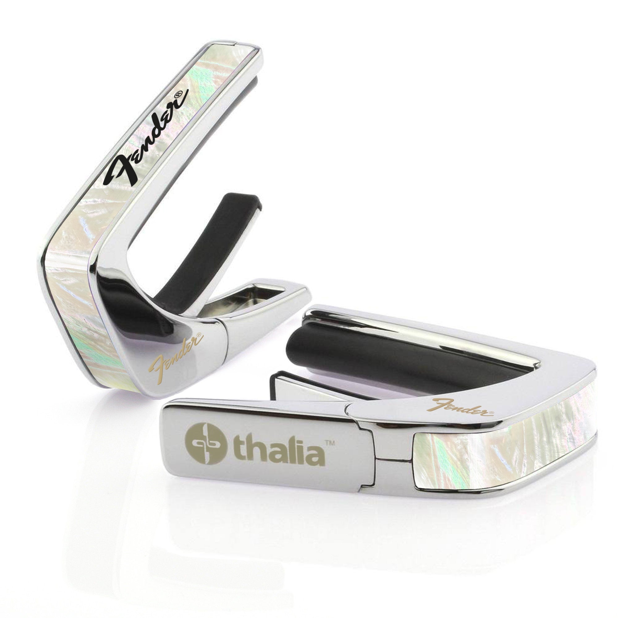 Thalia Fender Licensed Chrome Finish Guitar Capo, White Mother of Pearl Black Perine Logo