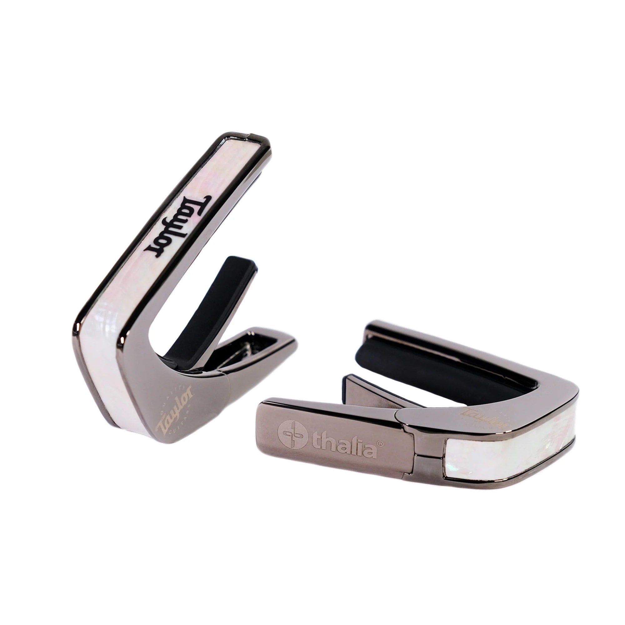 Thalia Taylor Licensed Black Chrome Finish Guitar Capo, White Mother of Pearl Black Logo