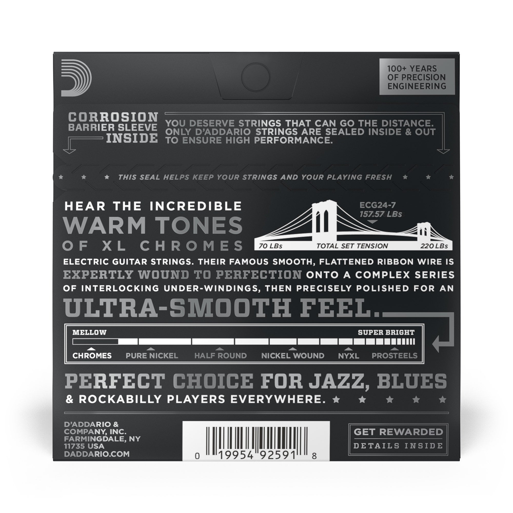 5 Sets of D'Addario ECG24-7 Chromes Flat Wound 7-String Jazz Light Electric Guitar Strings (11-65)