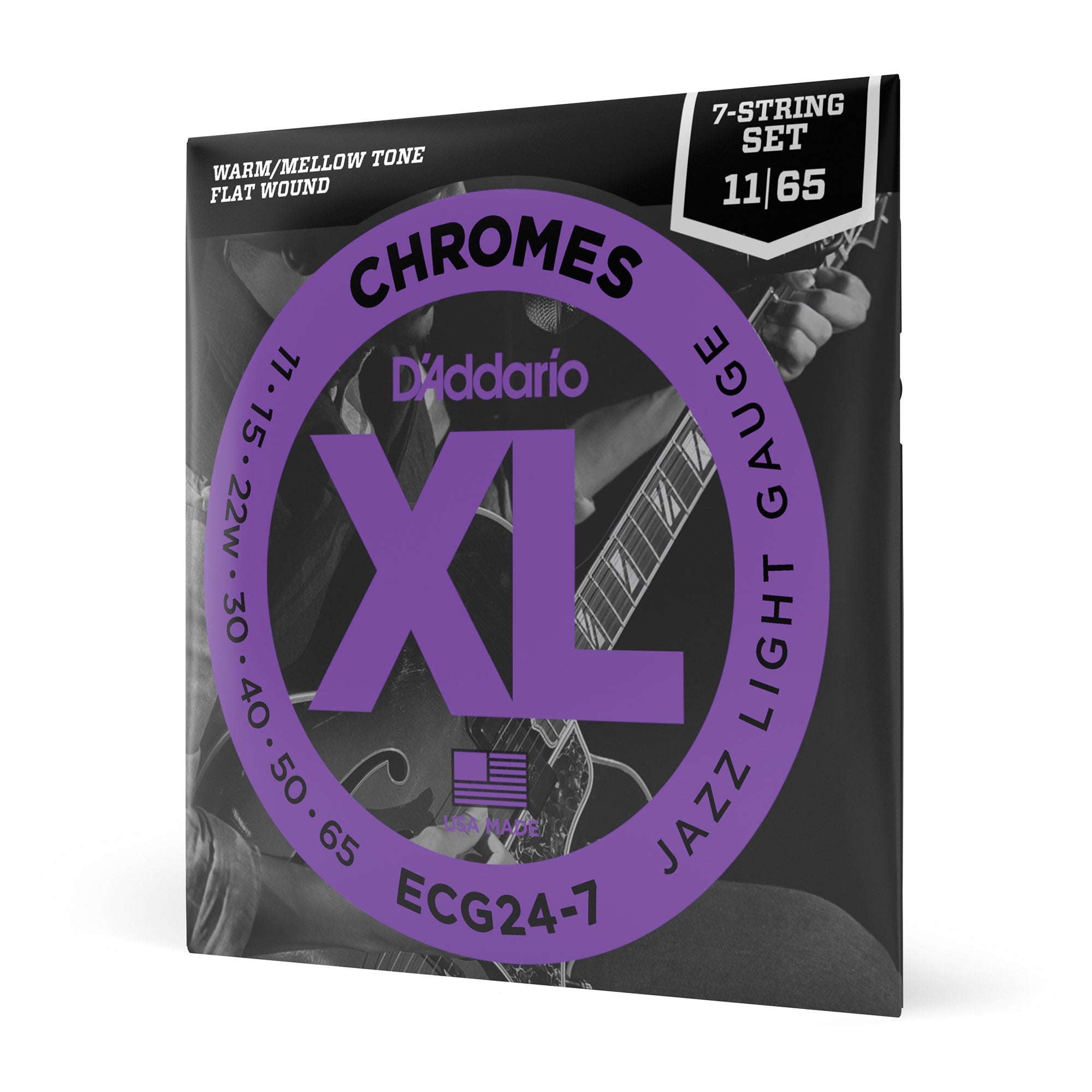 5 Sets of D'Addario ECG24-7 Chromes Flat Wound 7-String Jazz Light Electric Guitar Strings (11-65)