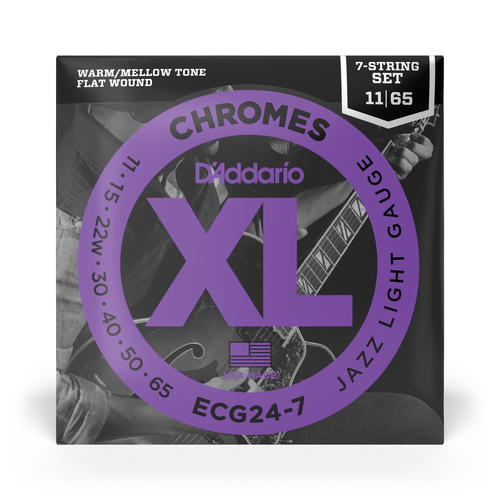 5 Sets of D'Addario ECG24-7 Chromes Flat Wound 7-String Jazz Light Electric Guitar Strings (11-65)