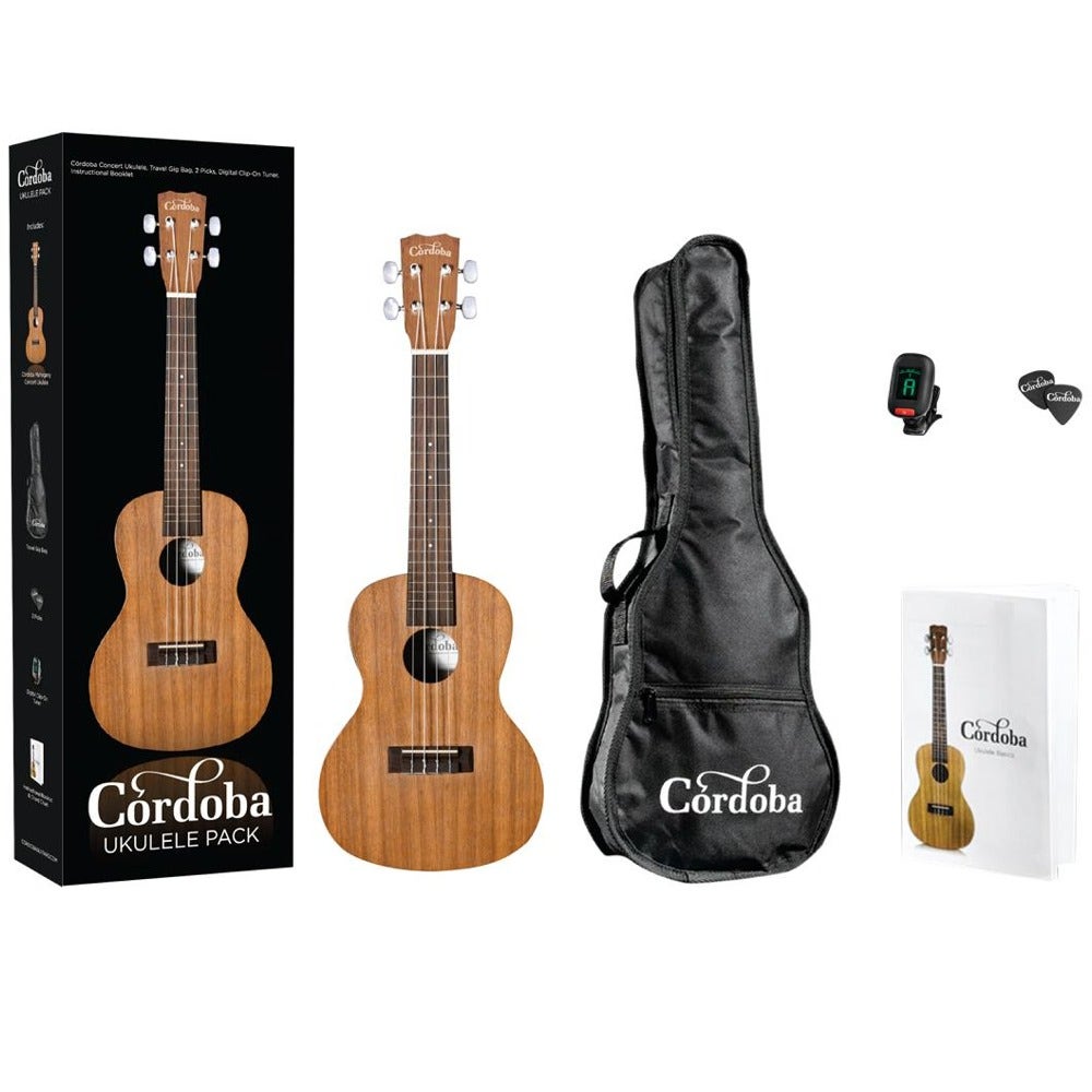 Cordoba UP100 Concert Ukulele Beginner's Pack with Gig Bag, Clip-On Tuner, Picks and Instructional Book