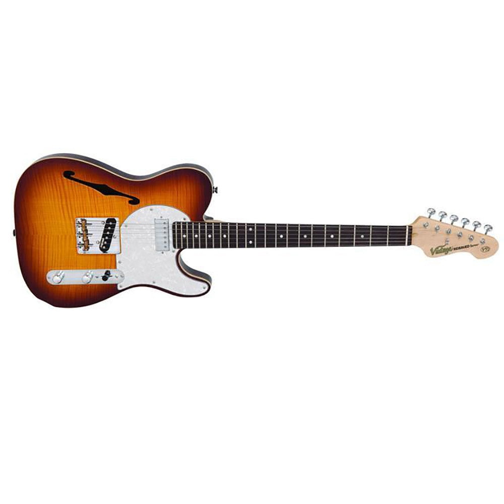 Vintage V72 Custom Singlecut Semi-Hollow Electric Guitar Flame Top Tobacco Burst (E-STOCK)