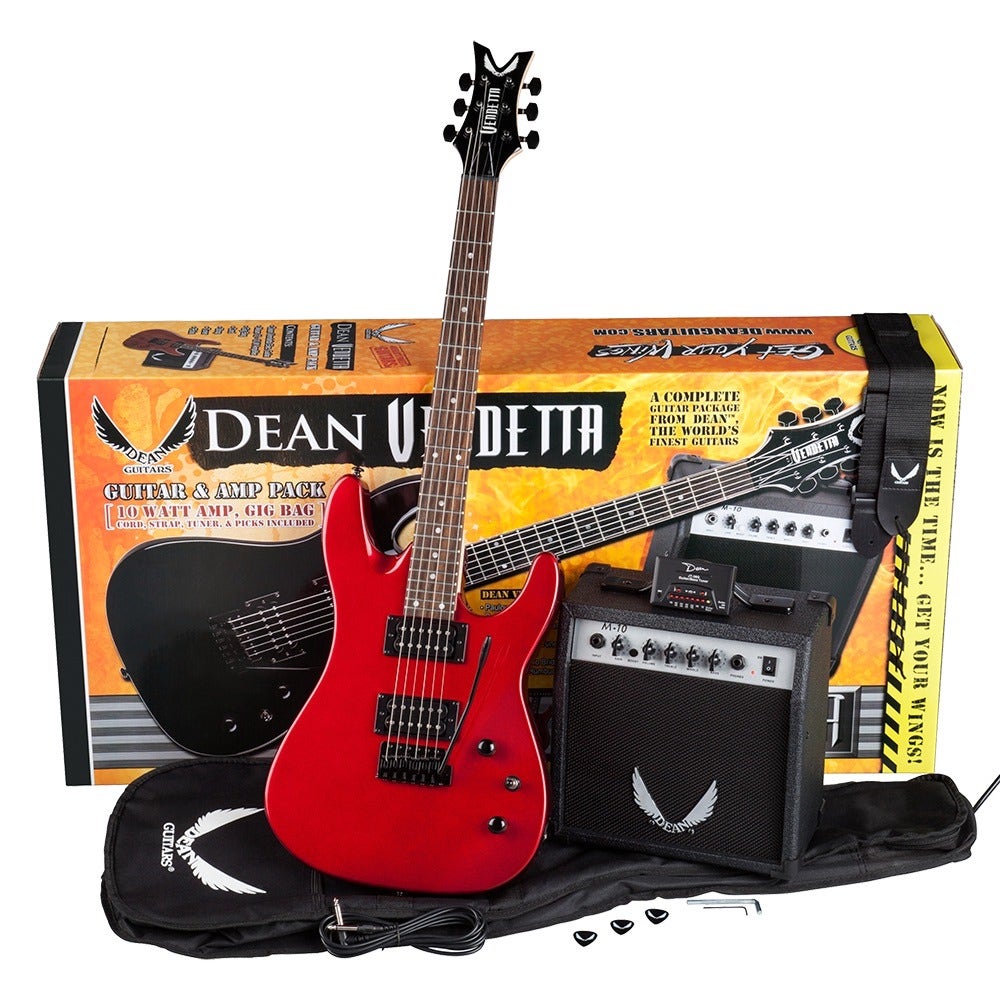 Dean Guitars Vendetta XM Tremolo Pack with Amp, Electronic Tuner, Strap, Cable, Picks, and Gig Bag (Metallic Red) B-STOCK