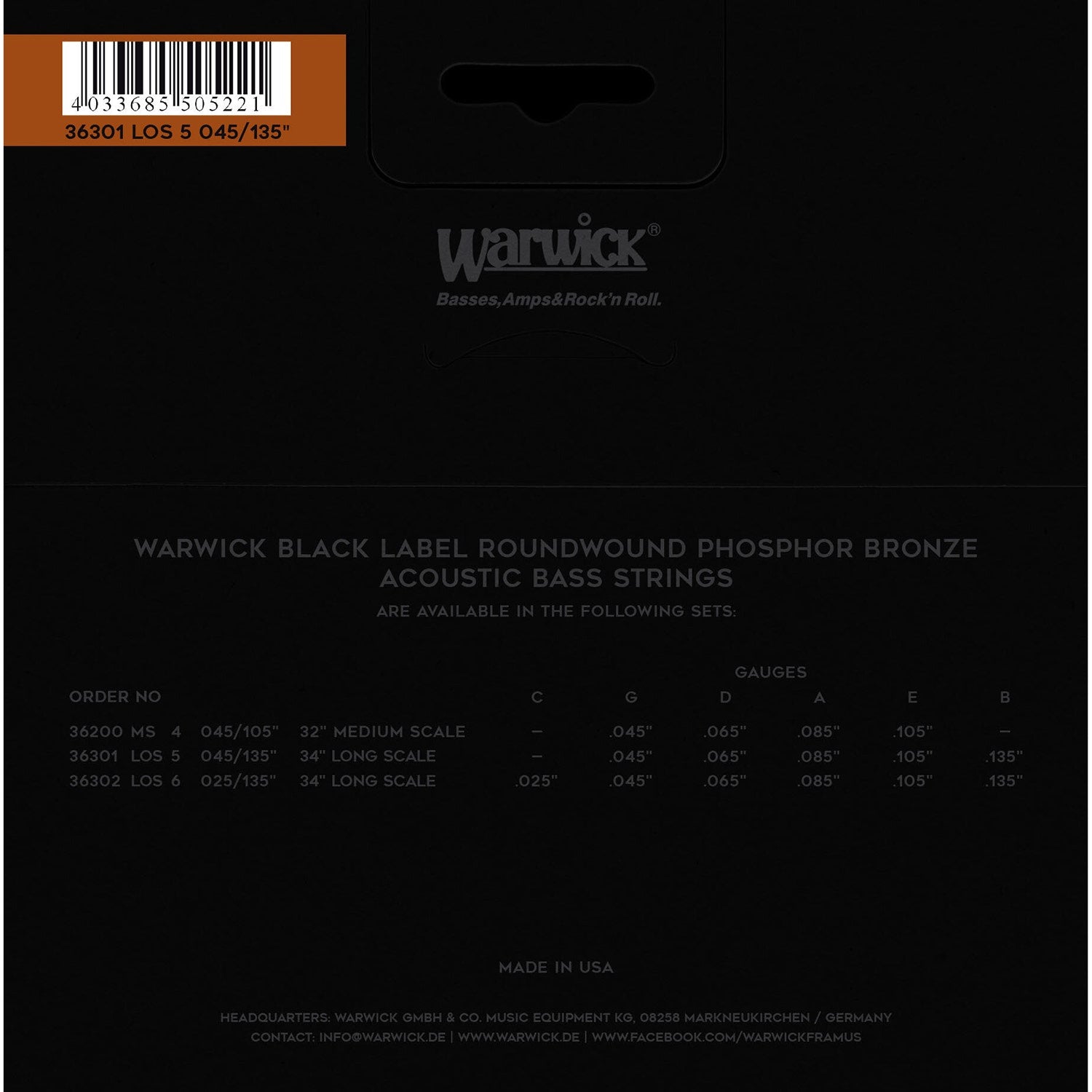 Warwick Black Label Acoustic Bass Strings, 5-String, 45-135, Long Scale