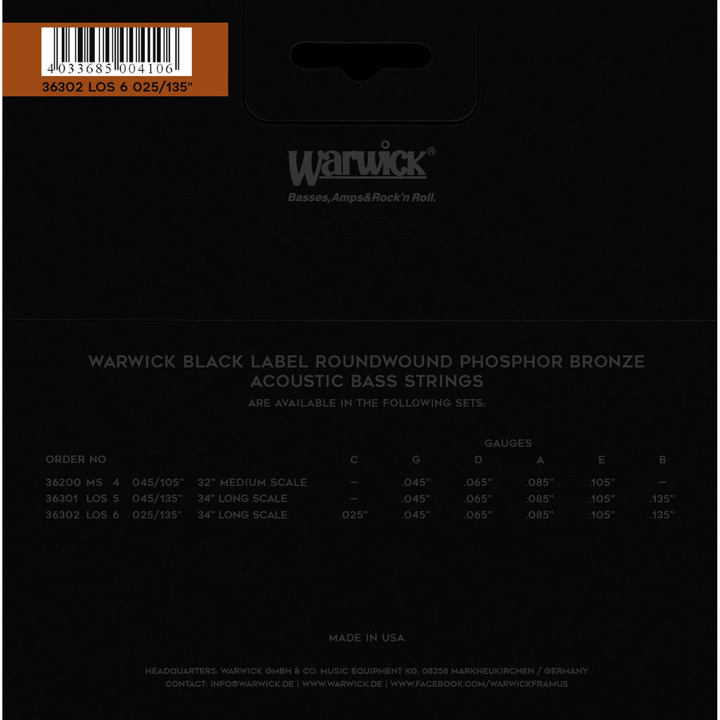 Warwick Black Label Acoustic Bass Strings, 6-String, 25-135, Long Scale