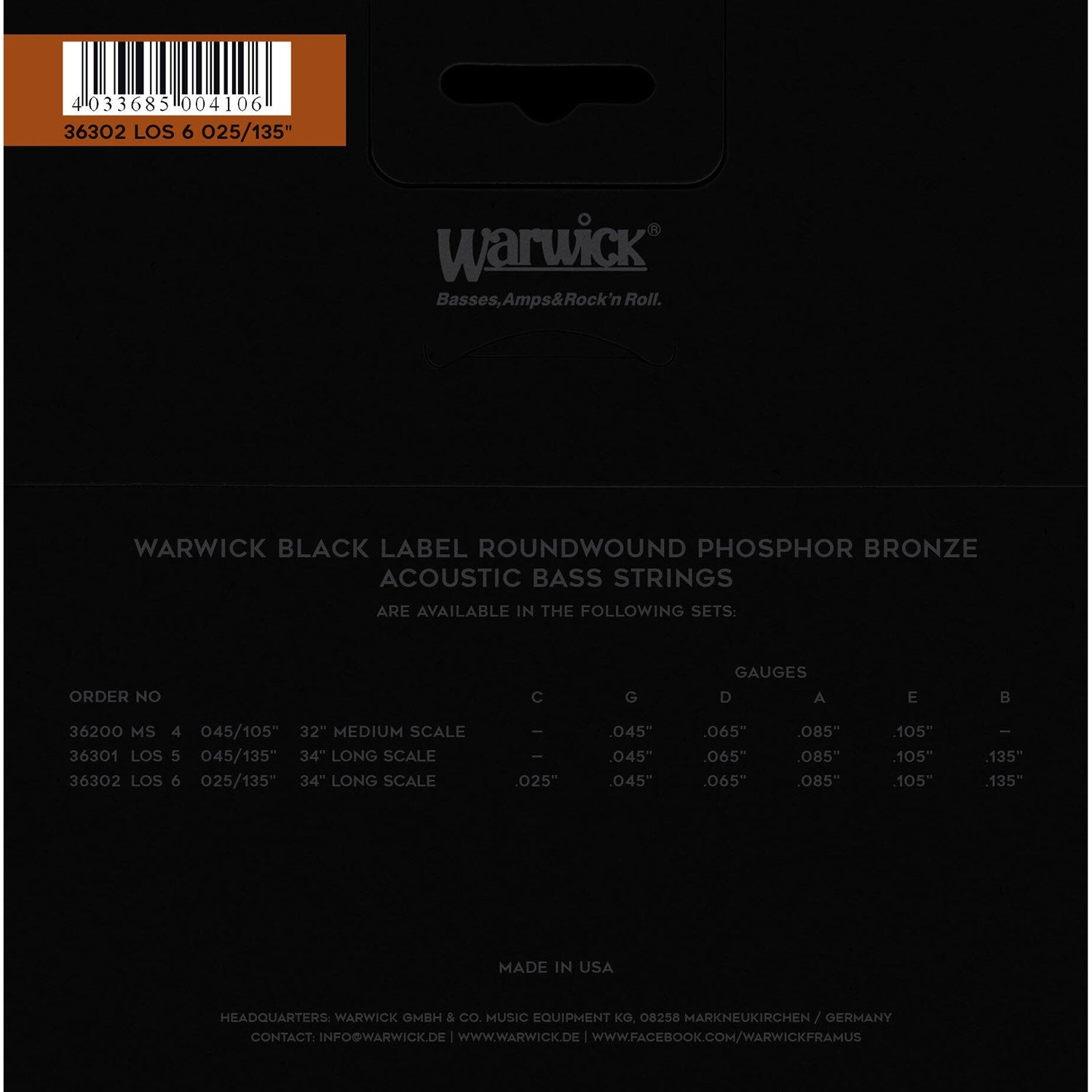 Warwick Black Label Acoustic Bass Strings, 6-String, 25-135, Long Scale