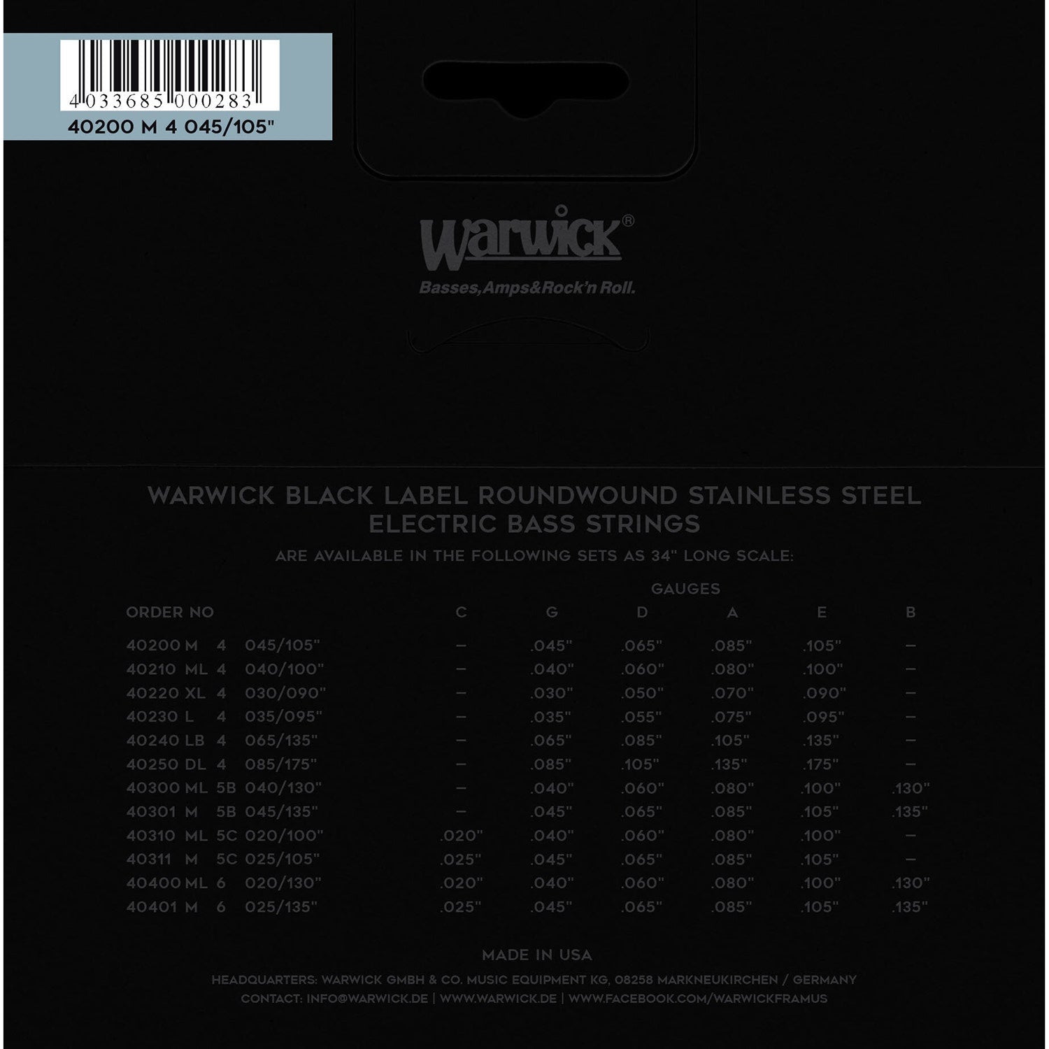 Warwick Black Label Bass Strings, Stainless Steel, 4-String, 45-105
