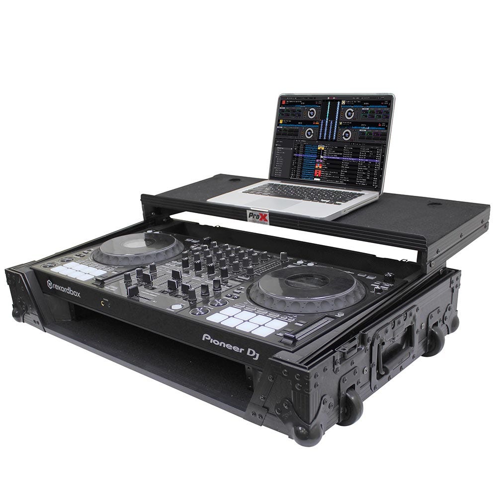 ProX XS-DDJ1000WLTBL Flight Case for Pioneer DDJ1000 & DDJ1000SRT Digital Controller w/ Laptop Shelf and Wheels, Black on Black